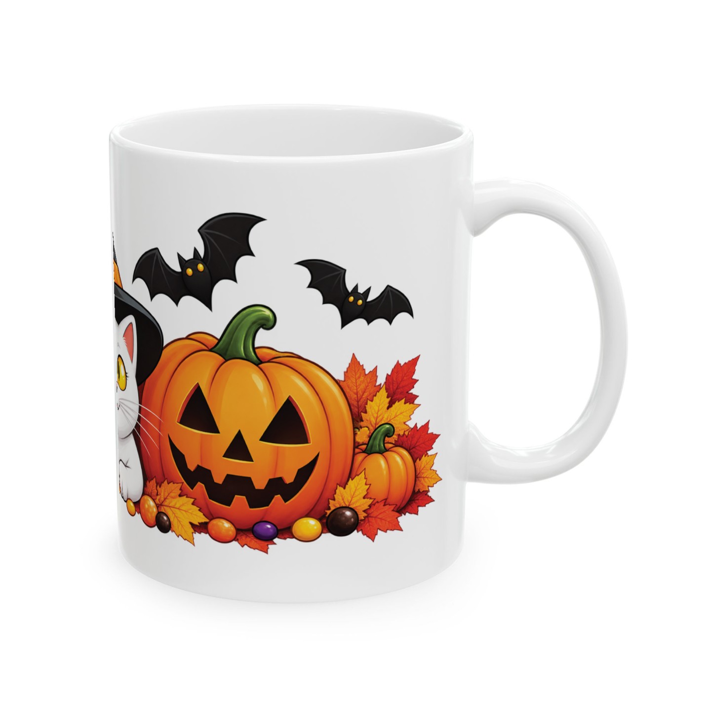 Kubek z kotem na Halloween w kapeluszu czarownicy