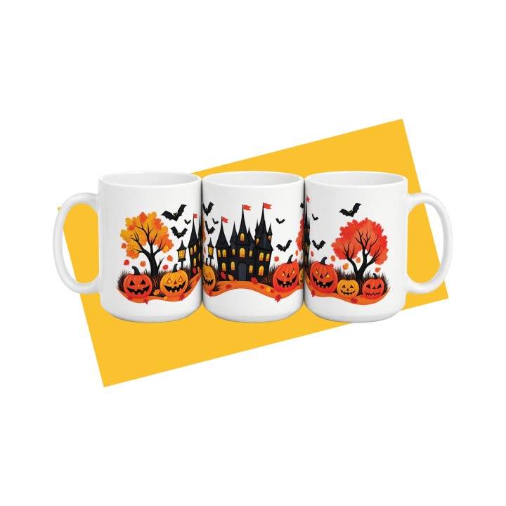 Kubek z halloweenowym zamkiem i dyniami