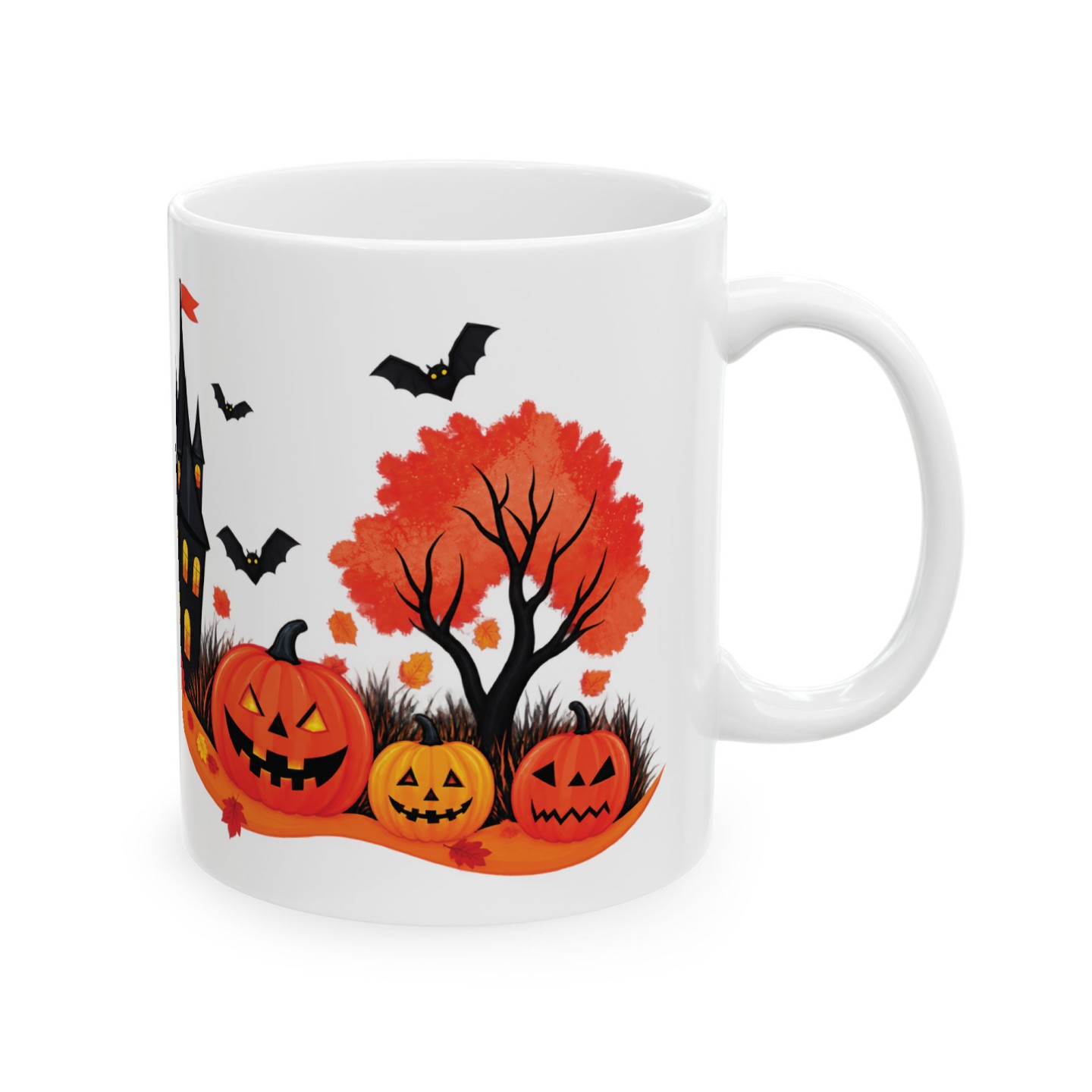 Kubek z halloweenowym zamkiem i dyniami