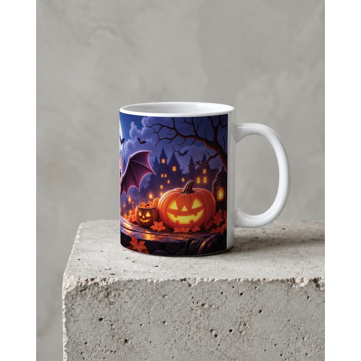 Kubek z motywem halloweenowym i dyniami