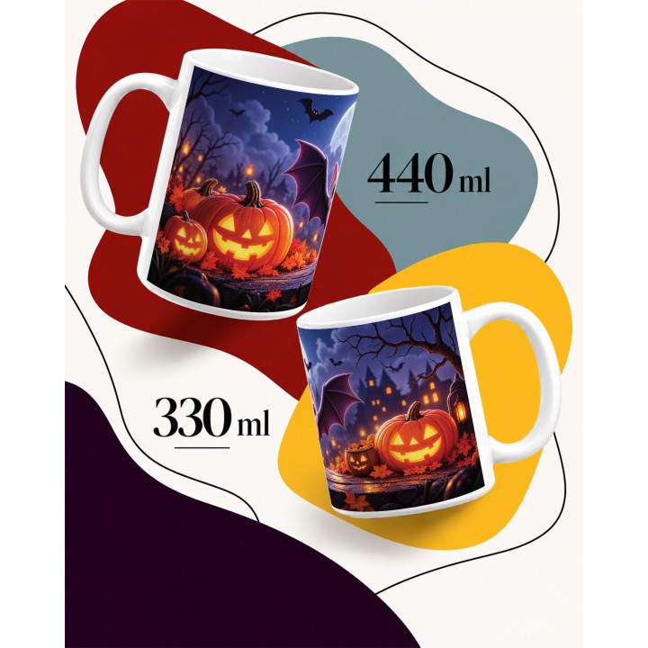 Halloweenowy kubek z lampionami z dyń i zamkiem
