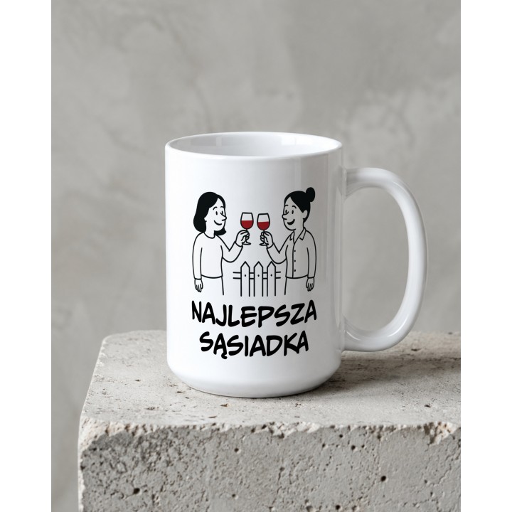 Kubek z ilustracją sąsiadek wznoszących kieliszki wina nad płotem
