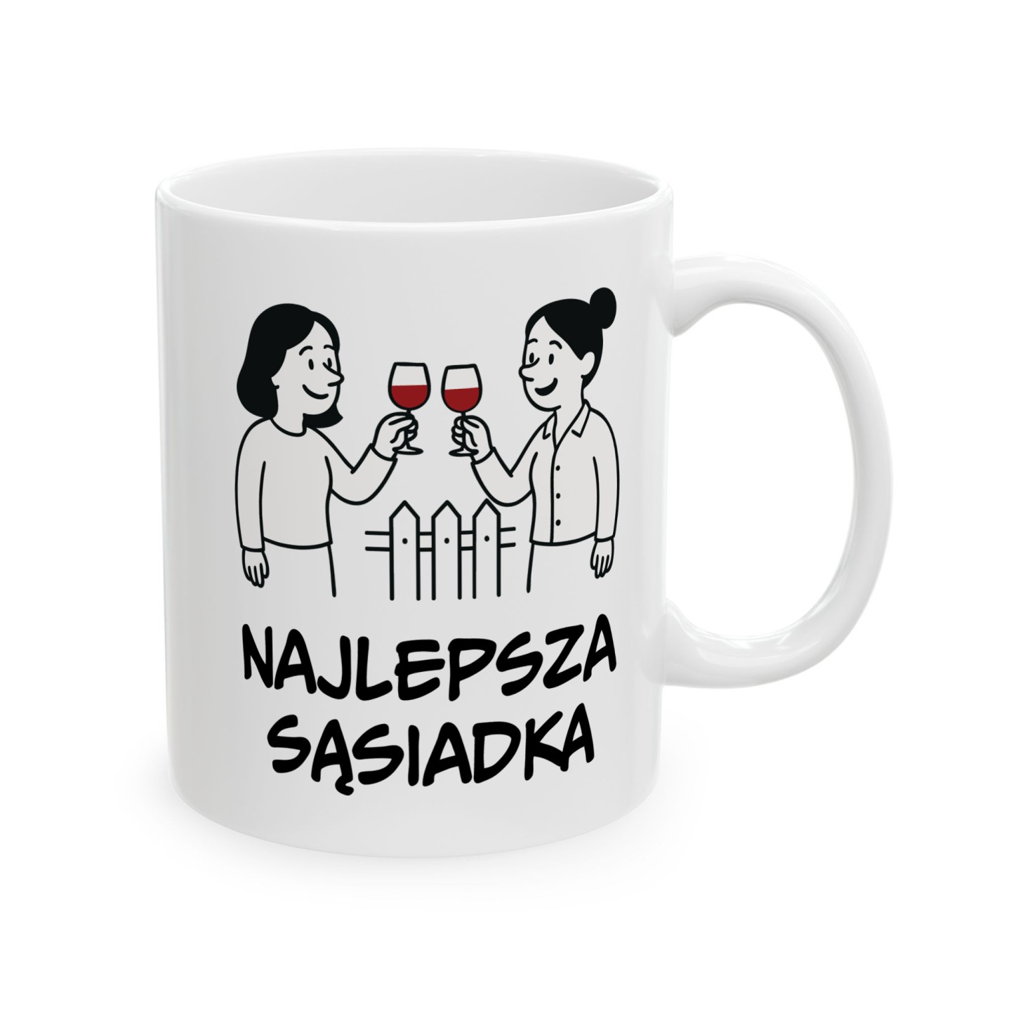 Kubek z napisem Najlepsza Sąsiadka i grafiką toastu przez płot