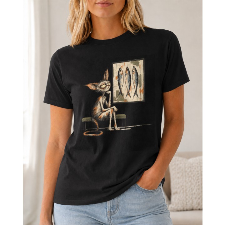Śmieszny T-shirt z kotem patrzącym na sardynki
