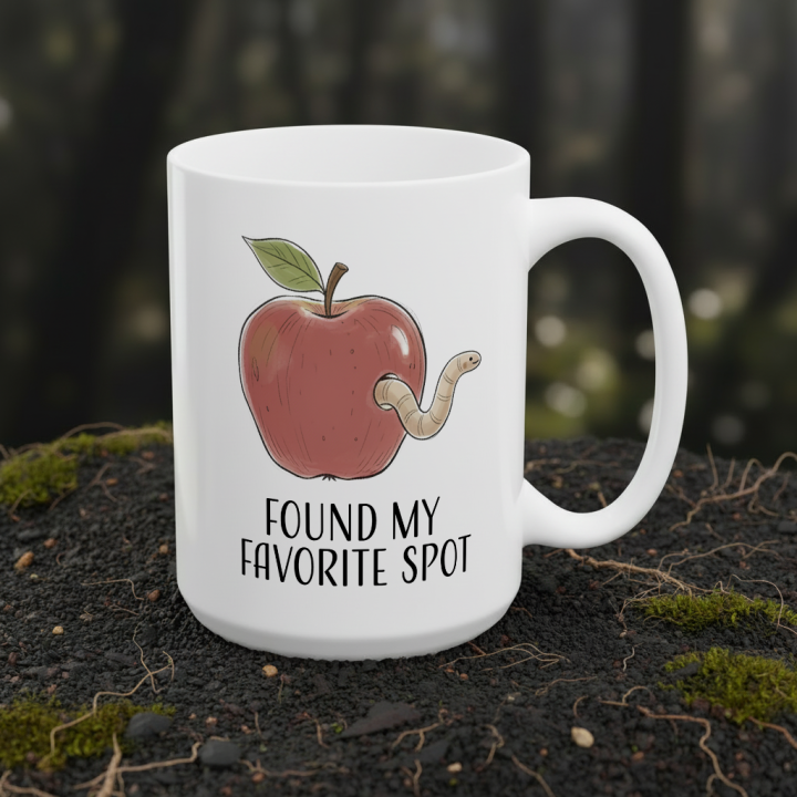 Kubek „FOUND MY FAVORITE SPOT” – romantyczny żart jabłko