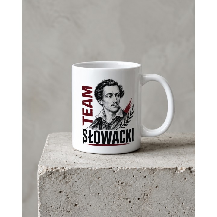 Kubek literacki z wizerunkiem Juliusza Słowackiego i wieńcem laurowym