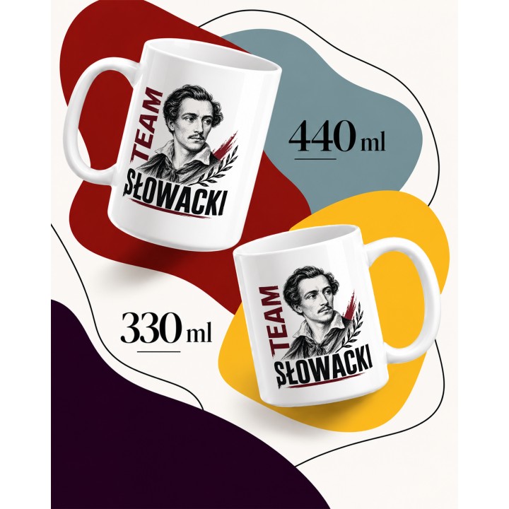 Kubek z motywem Team Słowacki nawiązujący do rywalizacji polskich wieszczów