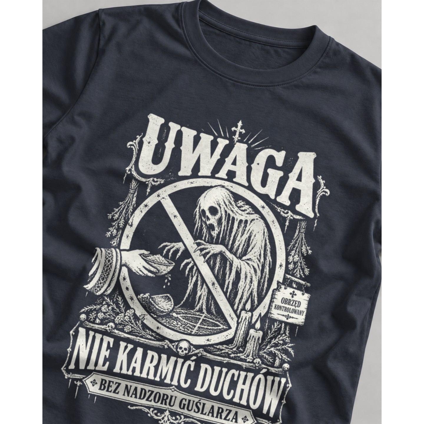 Koszulka męska z nadrukiem Uwaga nie karmić duchów bez nadzoru guślarza