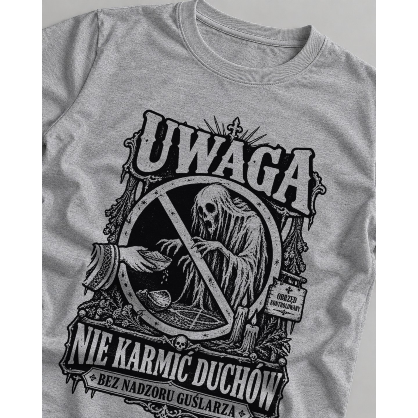 Koszulka męska z nadrukiem Uwaga nie karmić duchów bez nadzoru guślarza