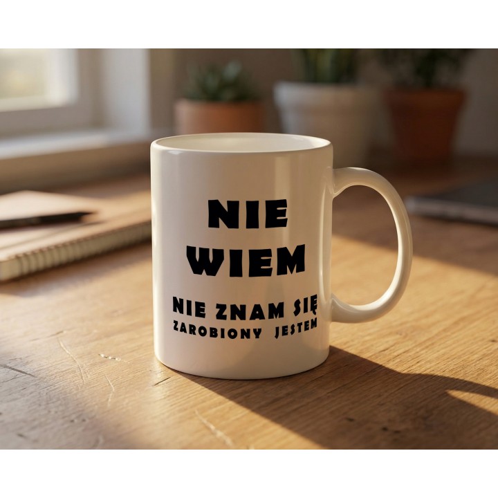 Kubek z nadrukiem „Nie wiem, nie znam się, zarobiony jestem” – śmieszny kubek z tekstem