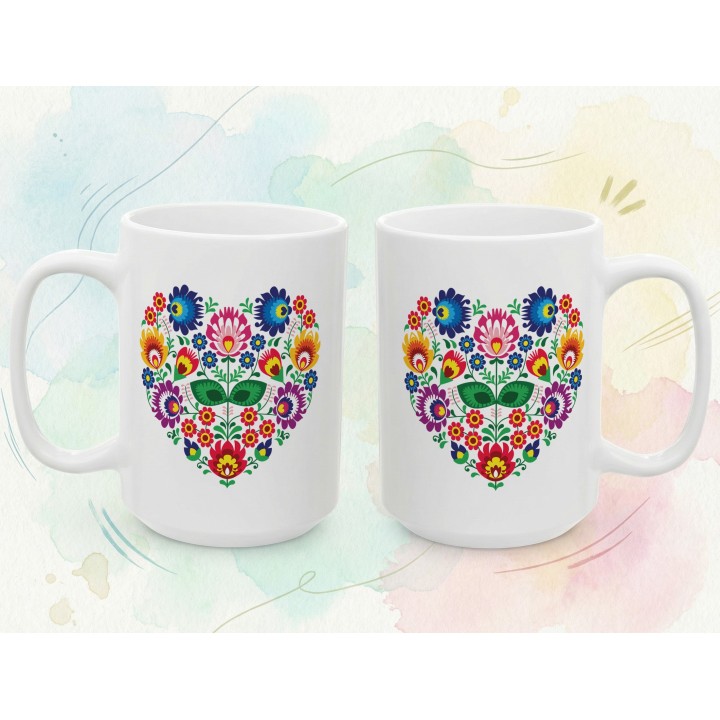 Kubek z nadrukiem folkowe serce – kolorowy ludowy wzór kwiatowy