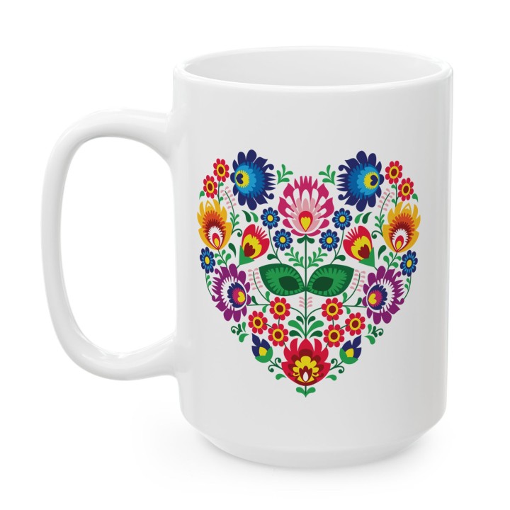 Kubek z nadrukiem folkowe serce – kolorowy ludowy wzór kwiatowy