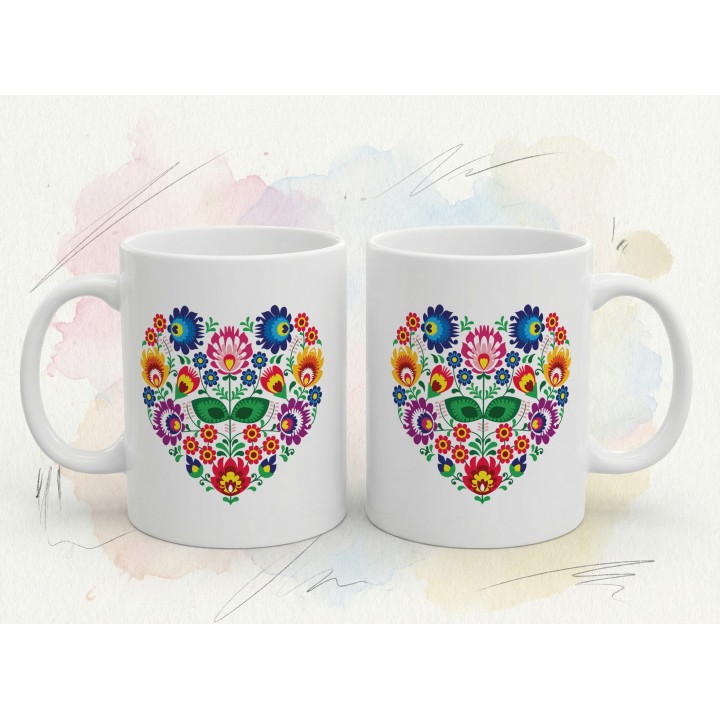 Kubek z nadrukiem folkowe serce – kolorowy ludowy wzór kwiatowy