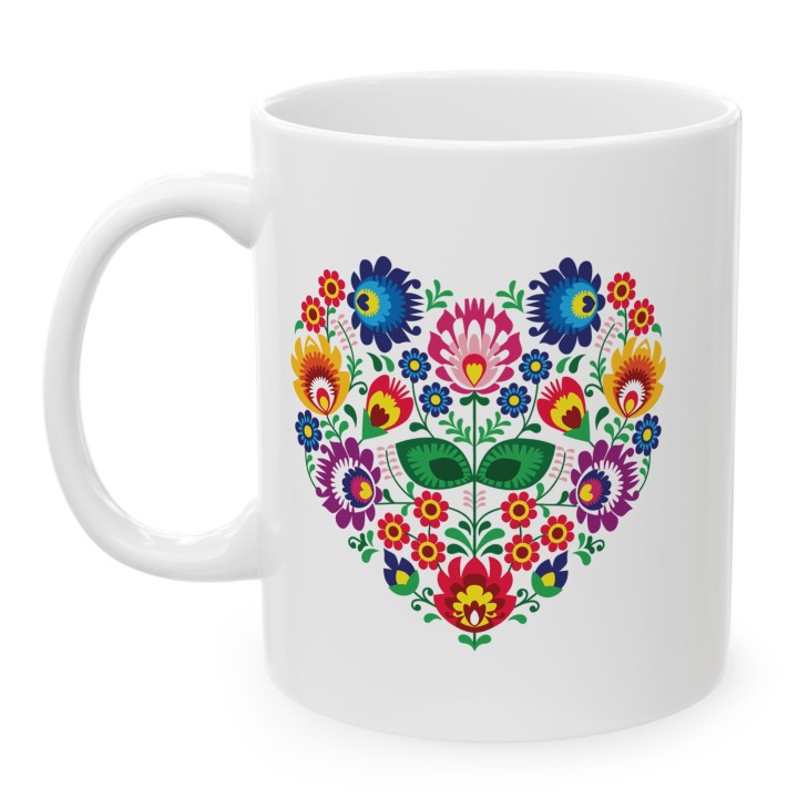 Kubek z nadrukiem folkowe serce – kolorowy ludowy wzór kwiatowy