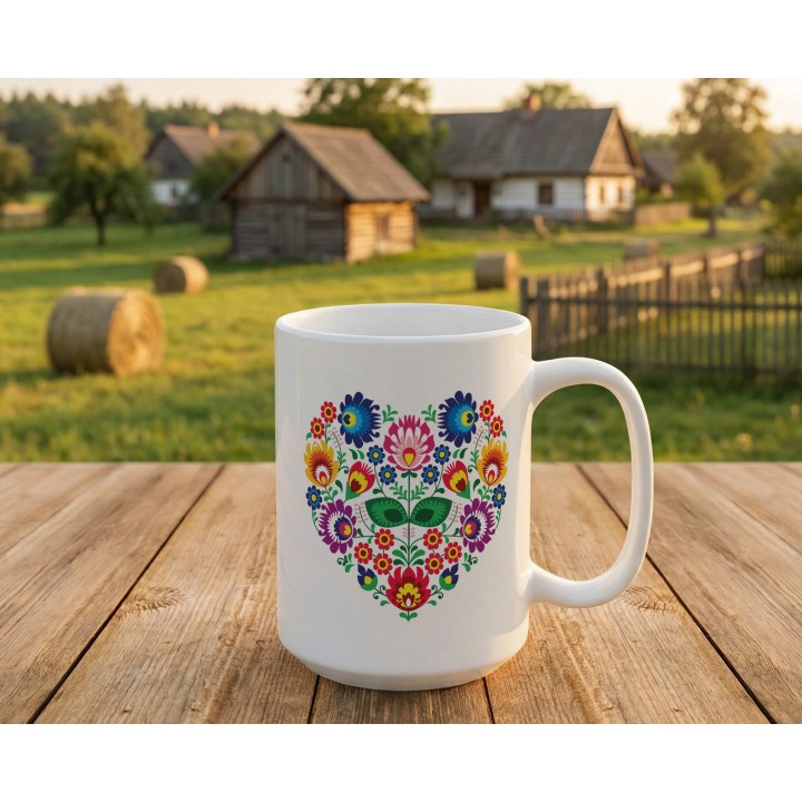 Kubek z nadrukiem folkowe serce – kolorowy ludowy wzór kwiatowy