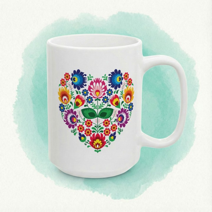 Kubek z nadrukiem folkowe serce – kolorowy ludowy wzór kwiatowy