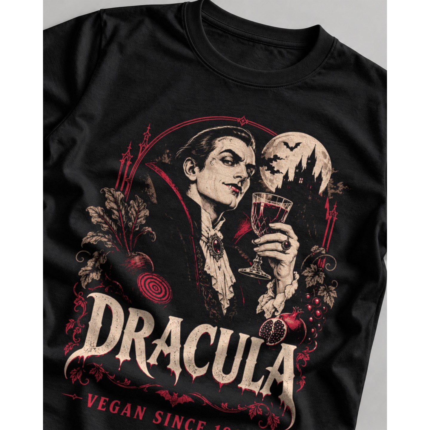 Koszulka z nadrukiem Dracula Vegan Since 1897 – Damska Fit Czarna