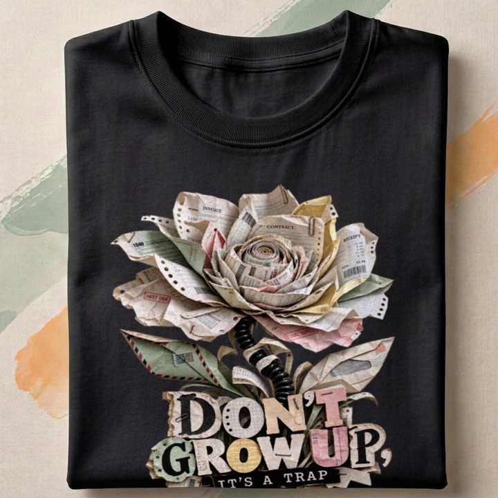 T-shirt z zabawnym hasłem o pułapce dorosłości