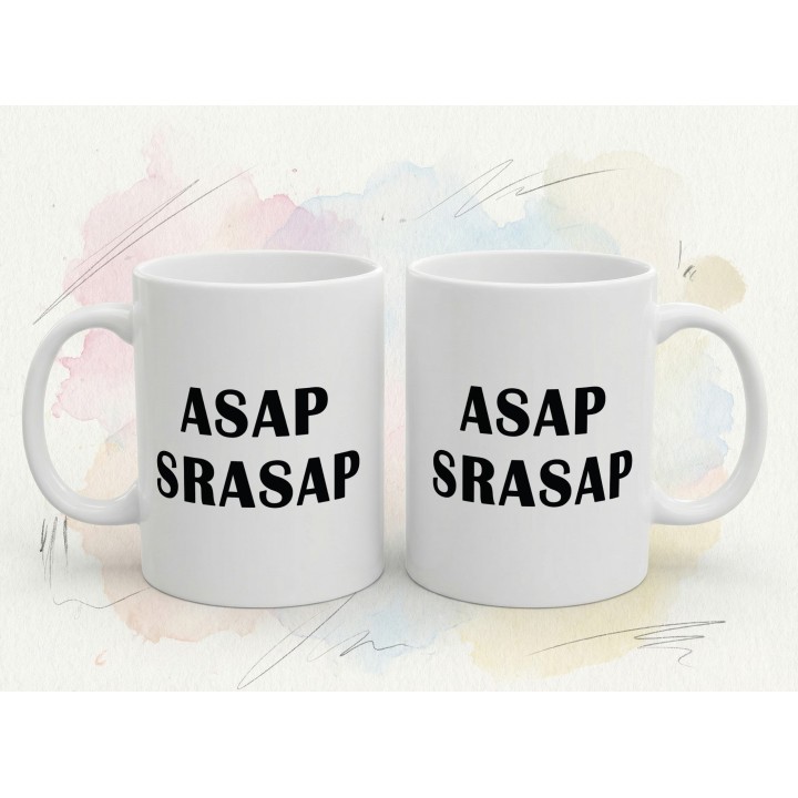 Kubek z nadrukiem „ASAP SRASAP” – śmieszny kubek korporacyjny