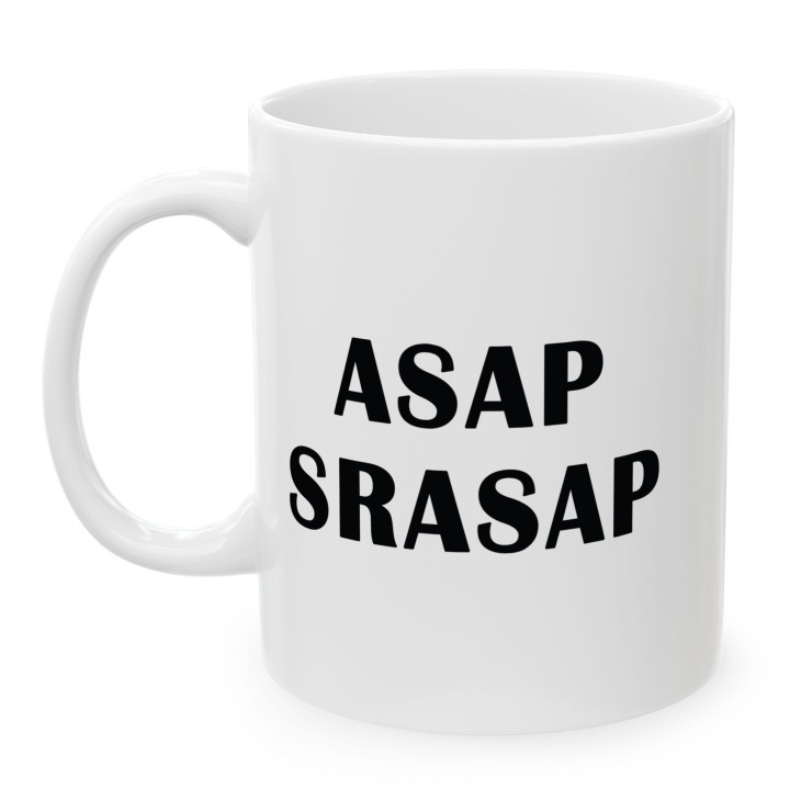 Kubek z nadrukiem „ASAP SRASAP” – śmieszny kubek korporacyjny