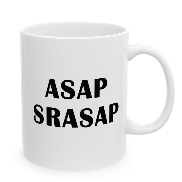 Kubek z nadrukiem „ASAP SRASAP” – śmieszny kubek korporacyjny