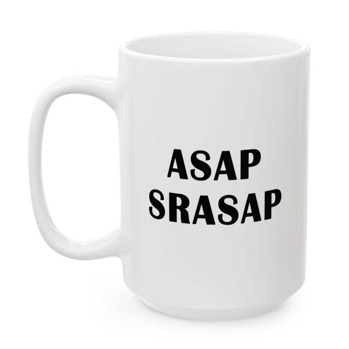 Kubek z nadrukiem „ASAP SRASAP” – śmieszny kubek korporacyjny
