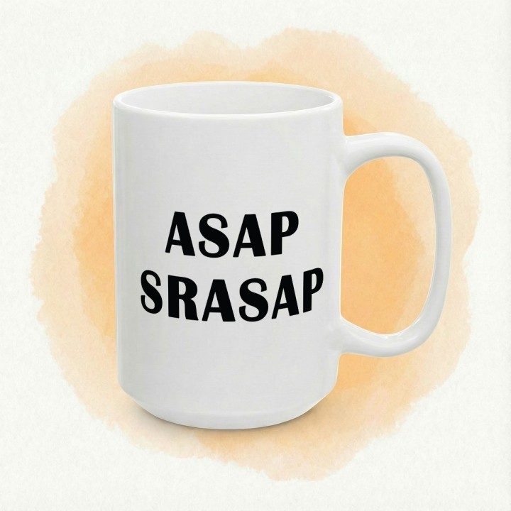 Kubek z nadrukiem „ASAP SRASAP” – śmieszny kubek korporacyjny