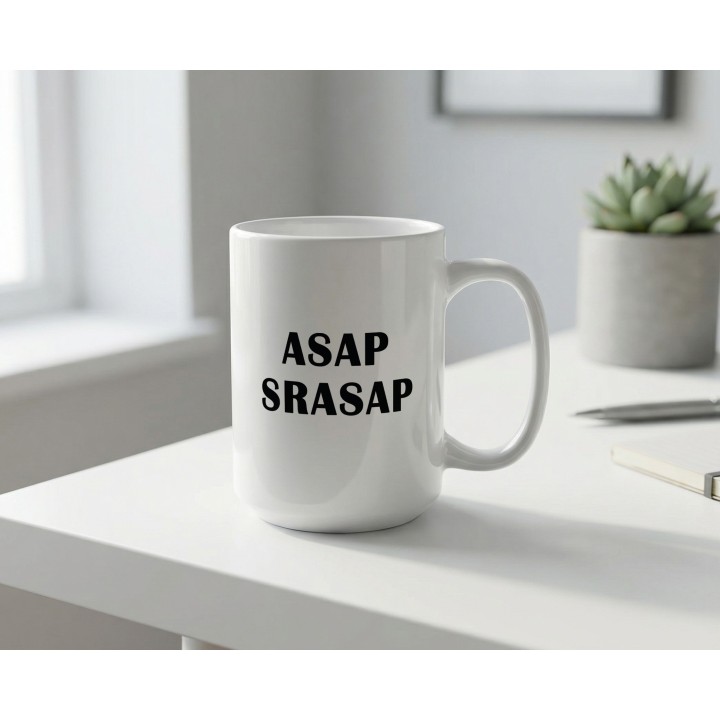 Kubek z nadrukiem „ASAP SRASAP” – śmieszny kubek korporacyjny