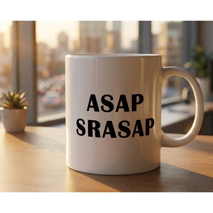 Kubek z nadrukiem „ASAP SRASAP” – śmieszny kubek korporacyjny