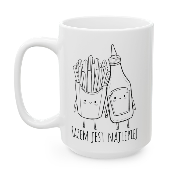 Kubek z napisem „Razem jest najlepiej” – frytki i ketchup