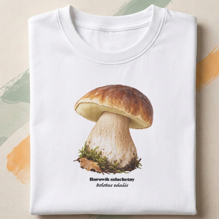 Koszulka z botaniczną ilustracją grzyba w mchu