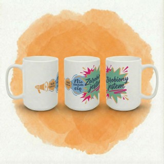 Kubek z nadrukiem „Nie znam się, nie wiem – zarobiony jestem” | humor, autoironia