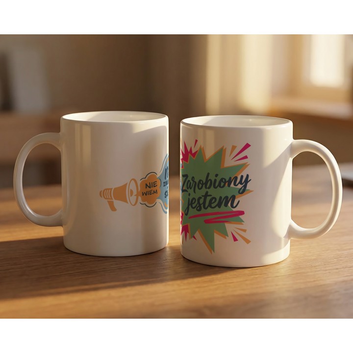 Kubek z nadrukiem „Nie znam się, nie wiem – zarobiony jestem” | humor, autoironia