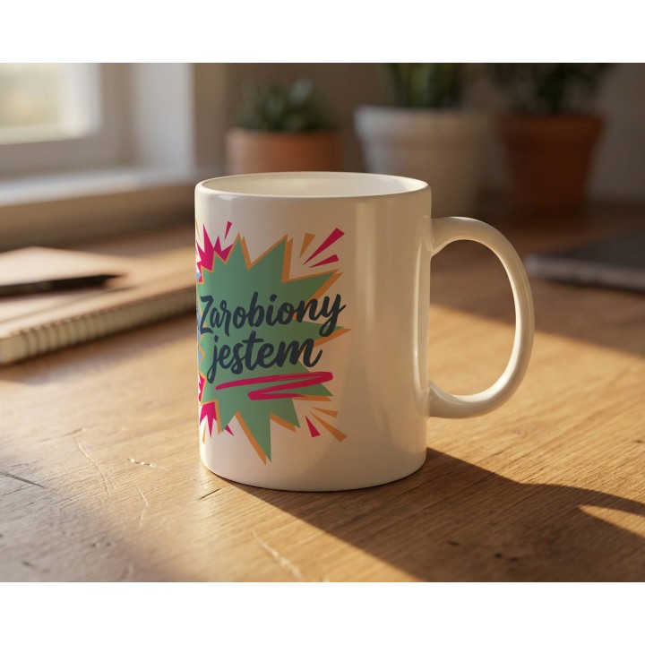 Kubek z nadrukiem „Nie znam się, nie wiem – zarobiony jestem” | humor, autoironia