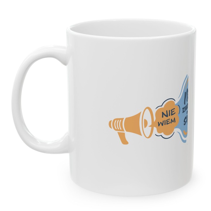 Kubek z nadrukiem „Nie znam się, nie wiem – zarobiony jestem” | humor, autoironia