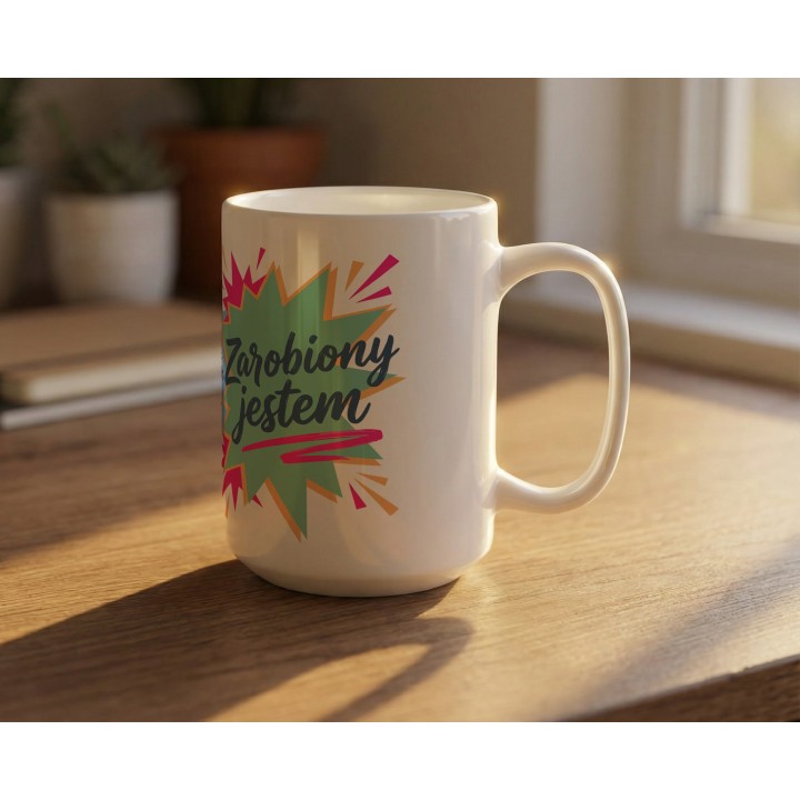 Kubek z nadrukiem „Nie znam się, nie wiem – zarobiony jestem” | humor, autoironia