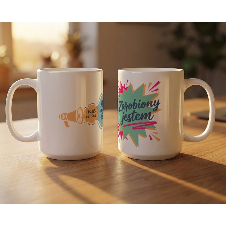 Kubek z nadrukiem „Nie znam się, nie wiem – zarobiony jestem” | humor, autoironia