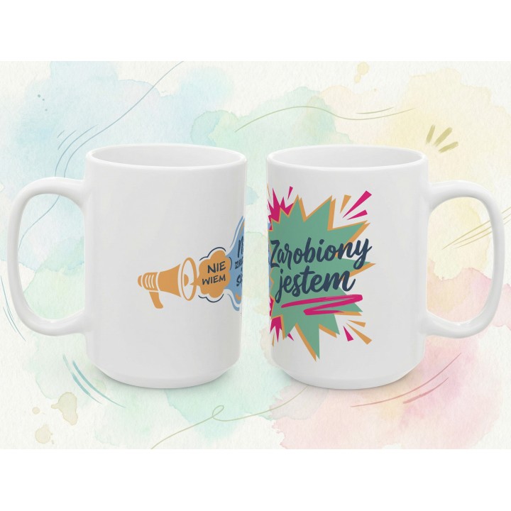Kubek z nadrukiem „Nie znam się, nie wiem – zarobiony jestem” | humor, autoironia