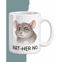 Kubek z nadrukiem szczura „RAT-HER NO.” - subtelne szczurze „nie” w grze słownej