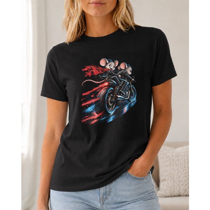 Ilustracja z myszami jadącymi na motocyklu na koszulce