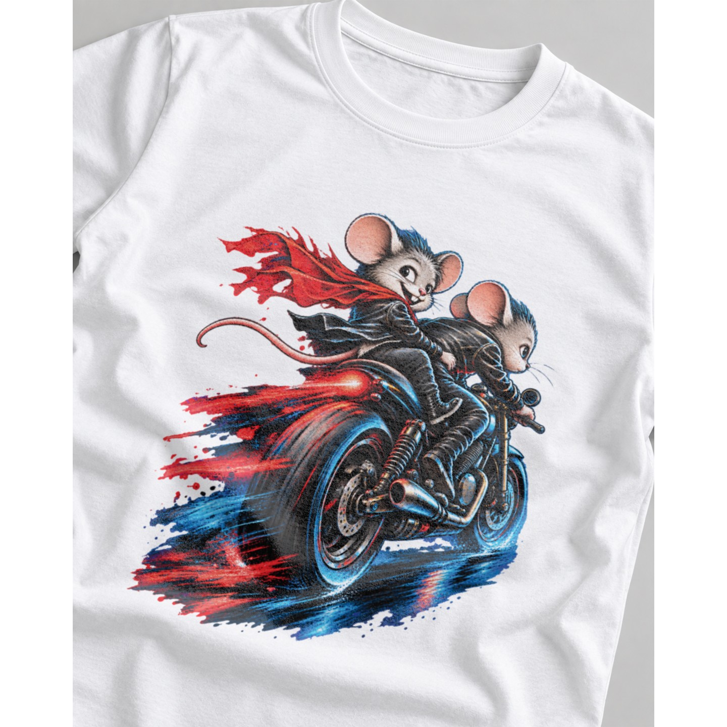 Koszulka z myszami na motocyklu – Damska fit biała