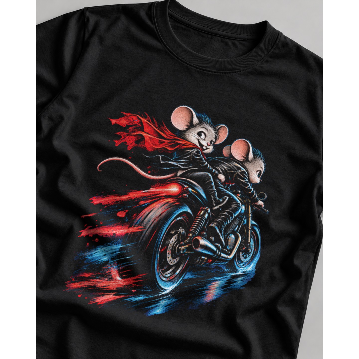 Koszulka z myszami na motocyklu – Damska Fit Czarna