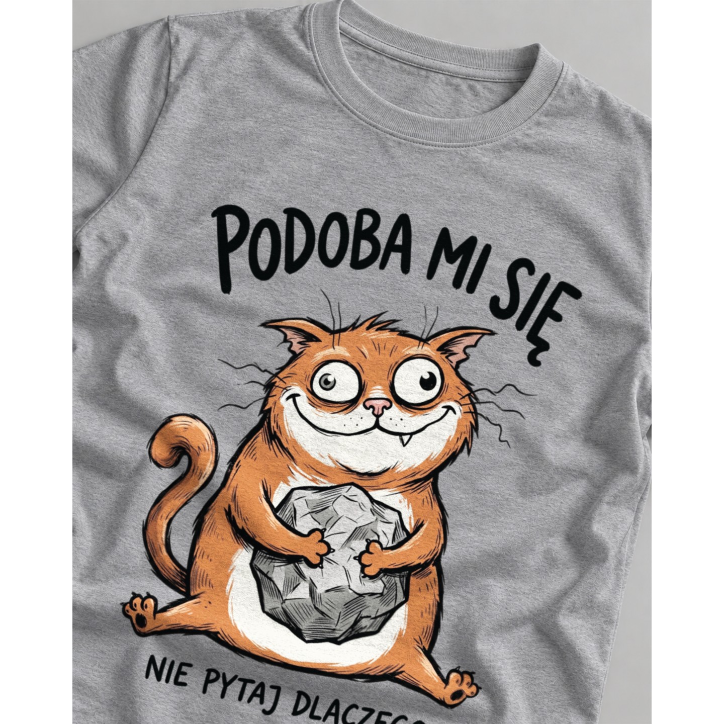 Koszulka z rudym kotem trzymającym kamień i napisem Podoba mi się nie pytaj dlaczego