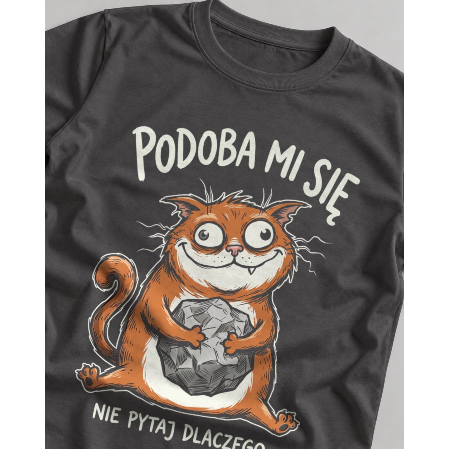 Koszulka z rudym kotem trzymającym kamień i napisem Podoba mi się nie pytaj dlaczego
