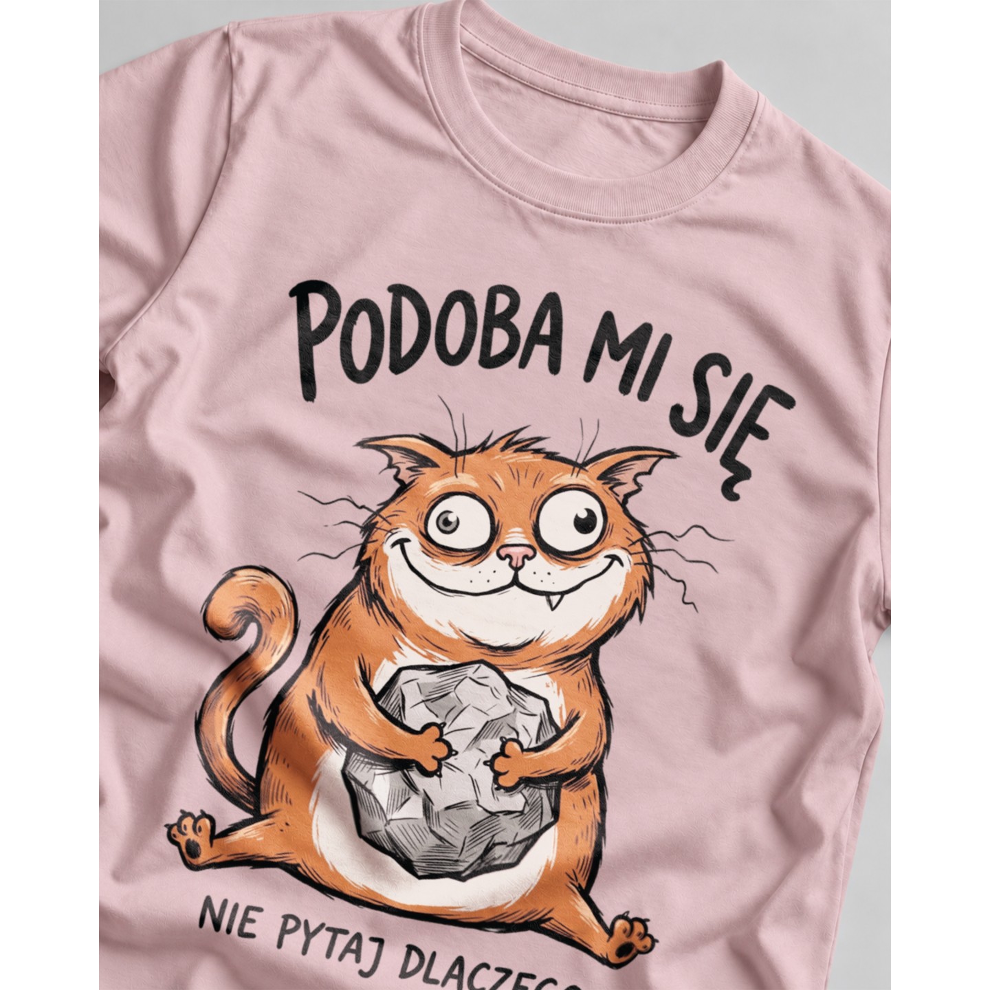 Koszulka z rudym kotem trzymającym kamień i napisem Podoba mi się nie pytaj dlaczego