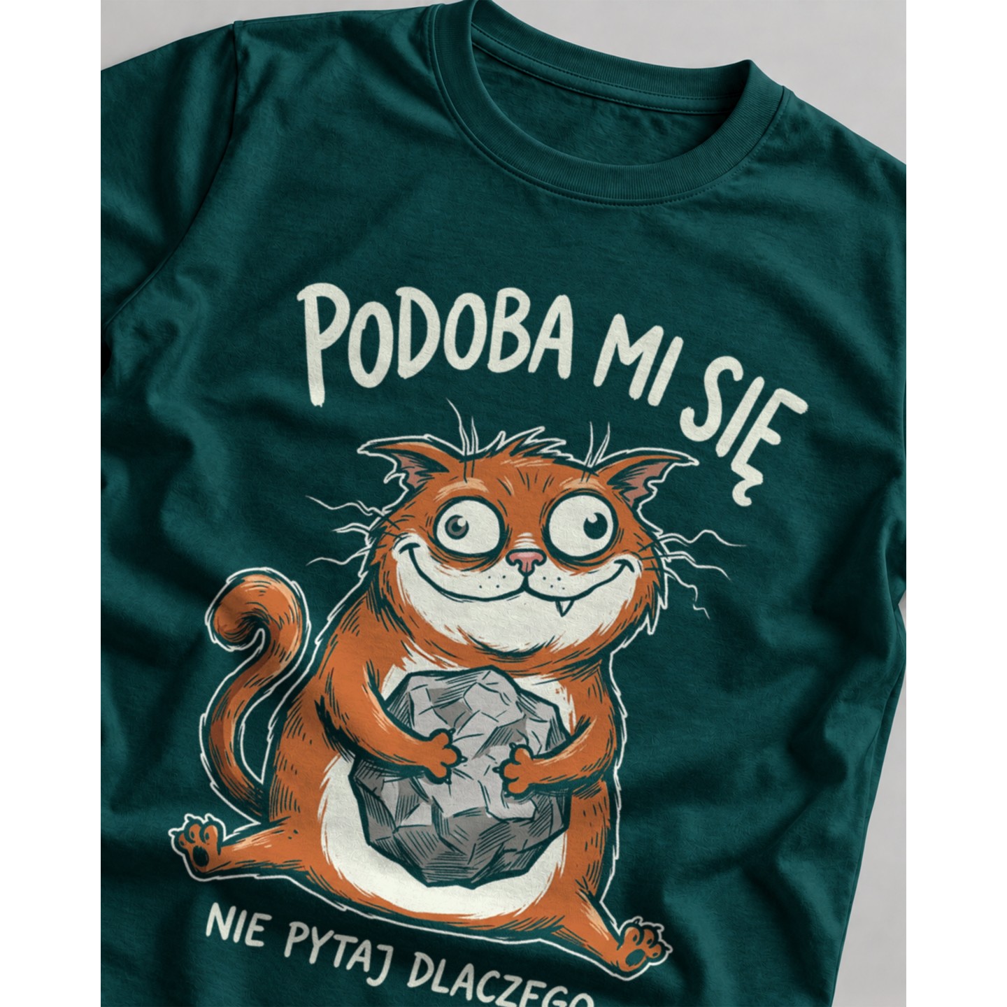 Koszulka z rudym kotem trzymającym kamień i napisem Podoba mi się nie pytaj dlaczego
