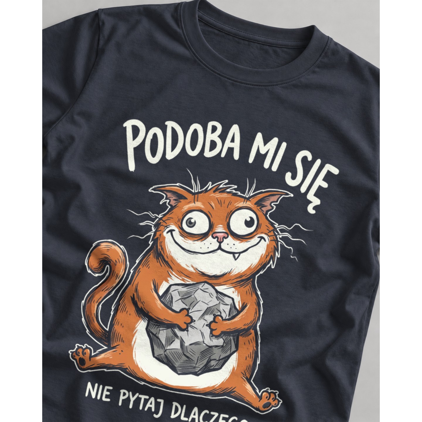 Koszulka z rudym kotem trzymającym kamień i napisem Podoba mi się nie pytaj dlaczego