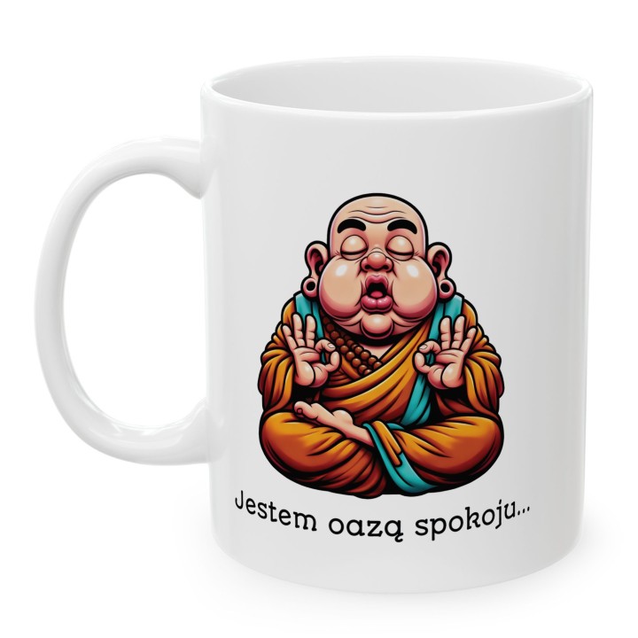 Kubek z nadrukiem „Jestem oazą spokoju” – bezczelny zen humor