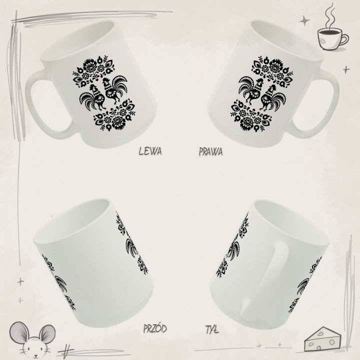 Kubek z nadrukiem folkowe koguty – czarna wycinanka, motyw ludowy