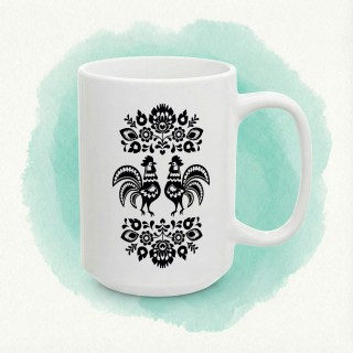 Kubek z nadrukiem folkowe koguty – czarna wycinanka, motyw ludowy